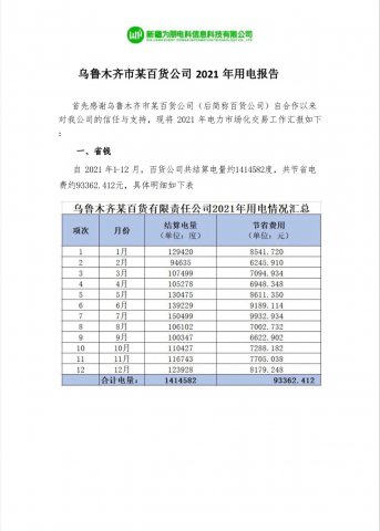 烏魯木齊市某百貨公司2021年用電報告